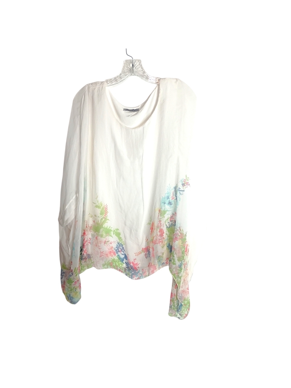 Elena Baidi- Women's White Silk Blend Floral Hem Flowy Blouse - Size L